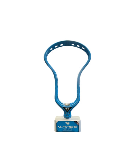 A blue ECD Mirage 3.0 Lacrosse Head by Sanderson Lacrosse, featuring enhanced stiffness, is showcased on a white display stand against a plain white background.