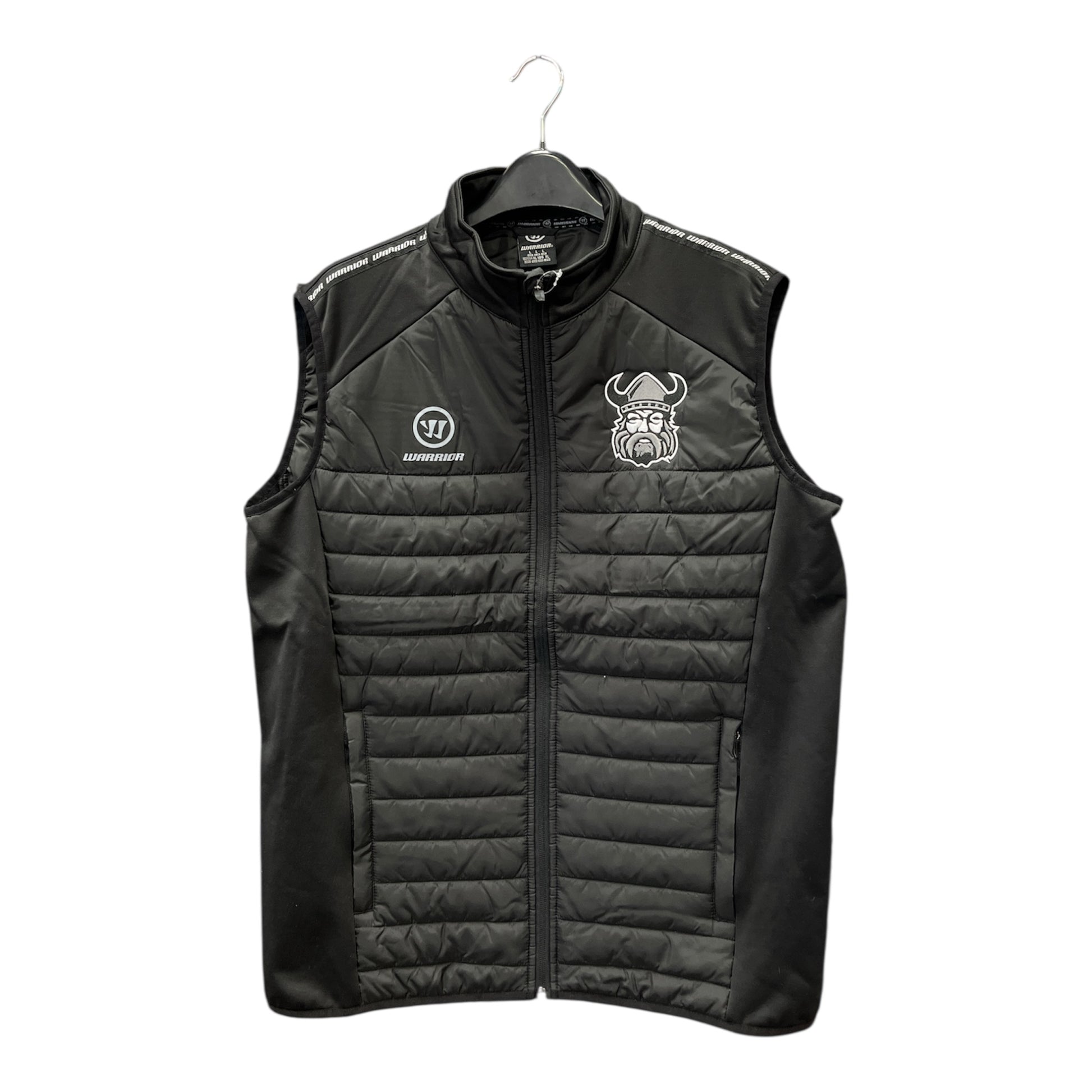 Black puffer vest with a logo on a white background