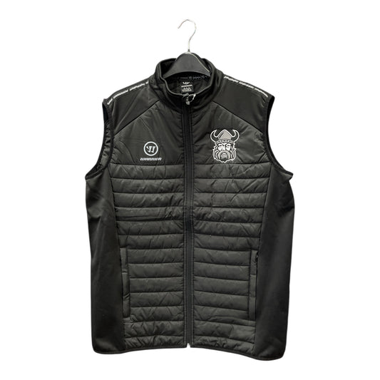 Black puffer vest with a logo on a white background
