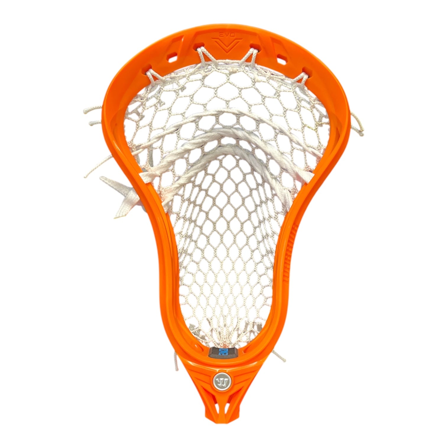 Orange lacrosse head with white strings on a white background