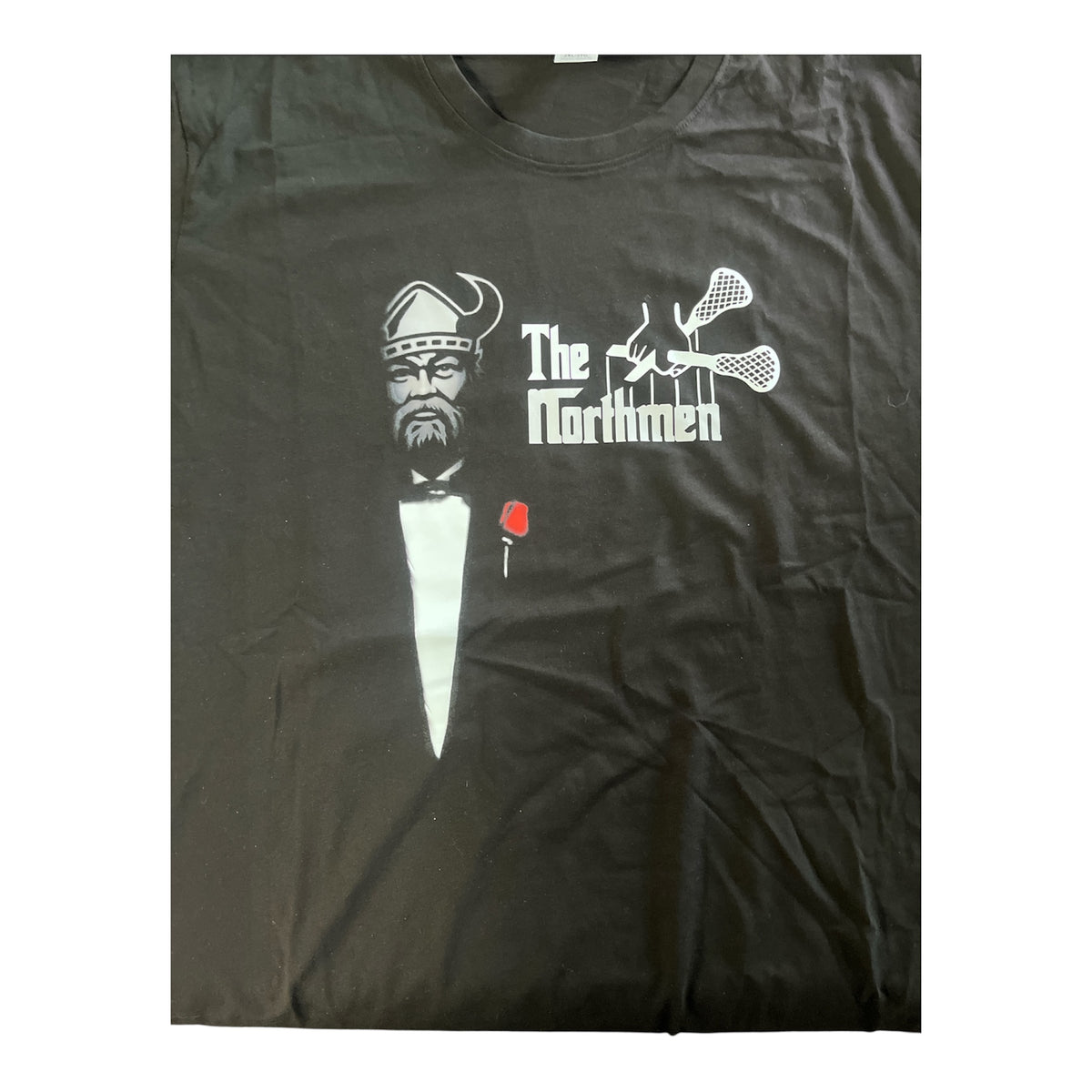 Black t-shirt with 'The Northmen' graphic design on a white background