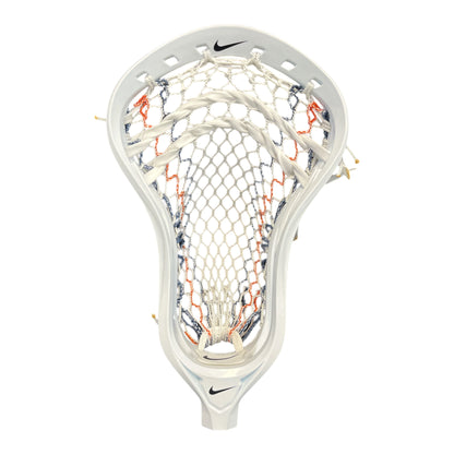 Nike L4 Lacrosse Head – White | Pre-Strung with ECD Hero 4.0 Semi-Soft Navy/Orange Storm Striker Mesh