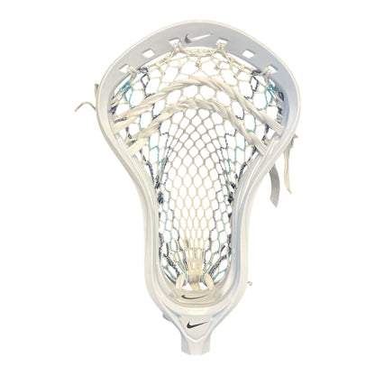 Nike L4 Lacrosse Head – White | Pre-Strung with ECD Hero 4.0 Semi-Soft Navy/Carolina Storm Striker Mesh