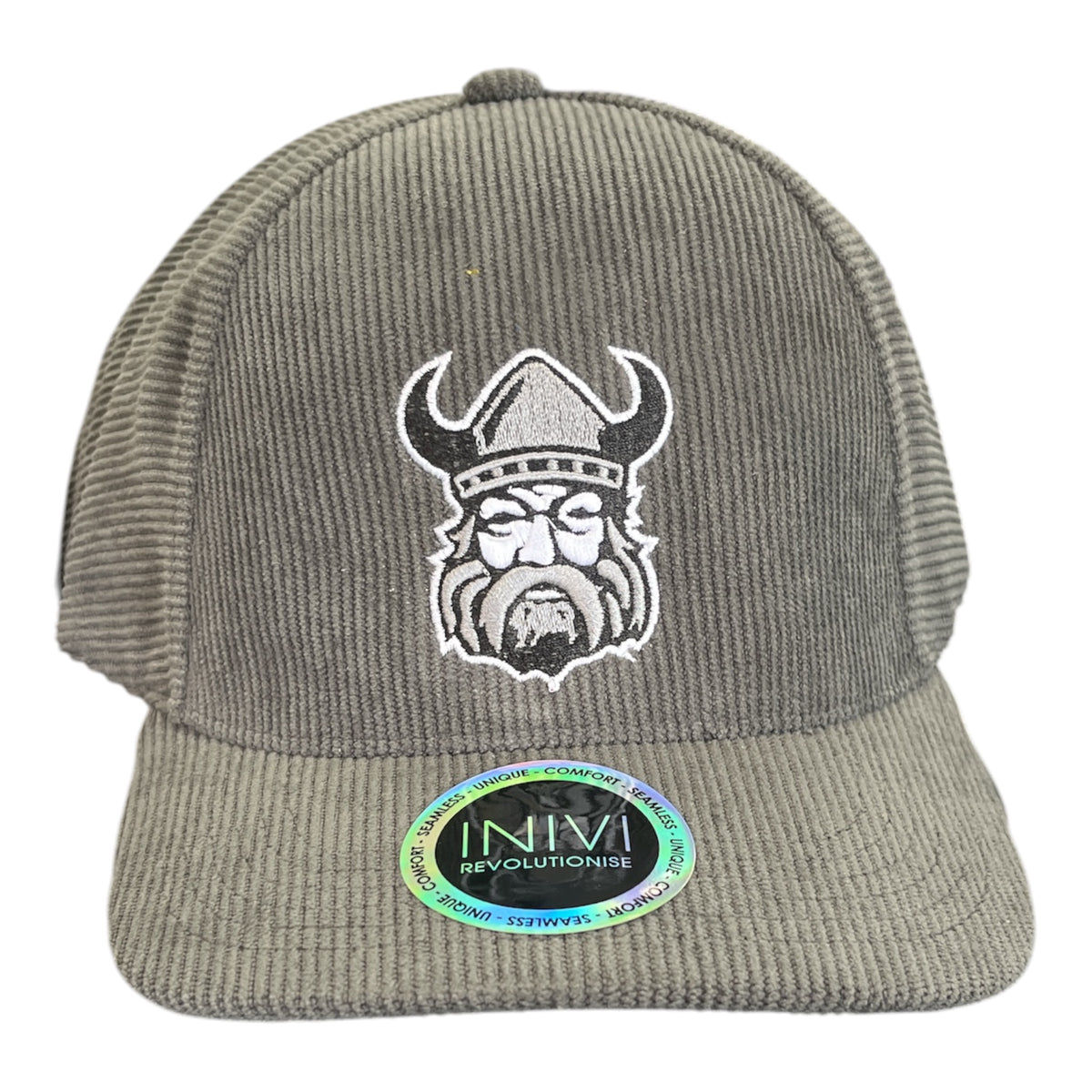 Orangeville Northmen Corduroy Hat | Viking Logo | Black, Brown & Grey – detail view – Sanderson Lacrosse