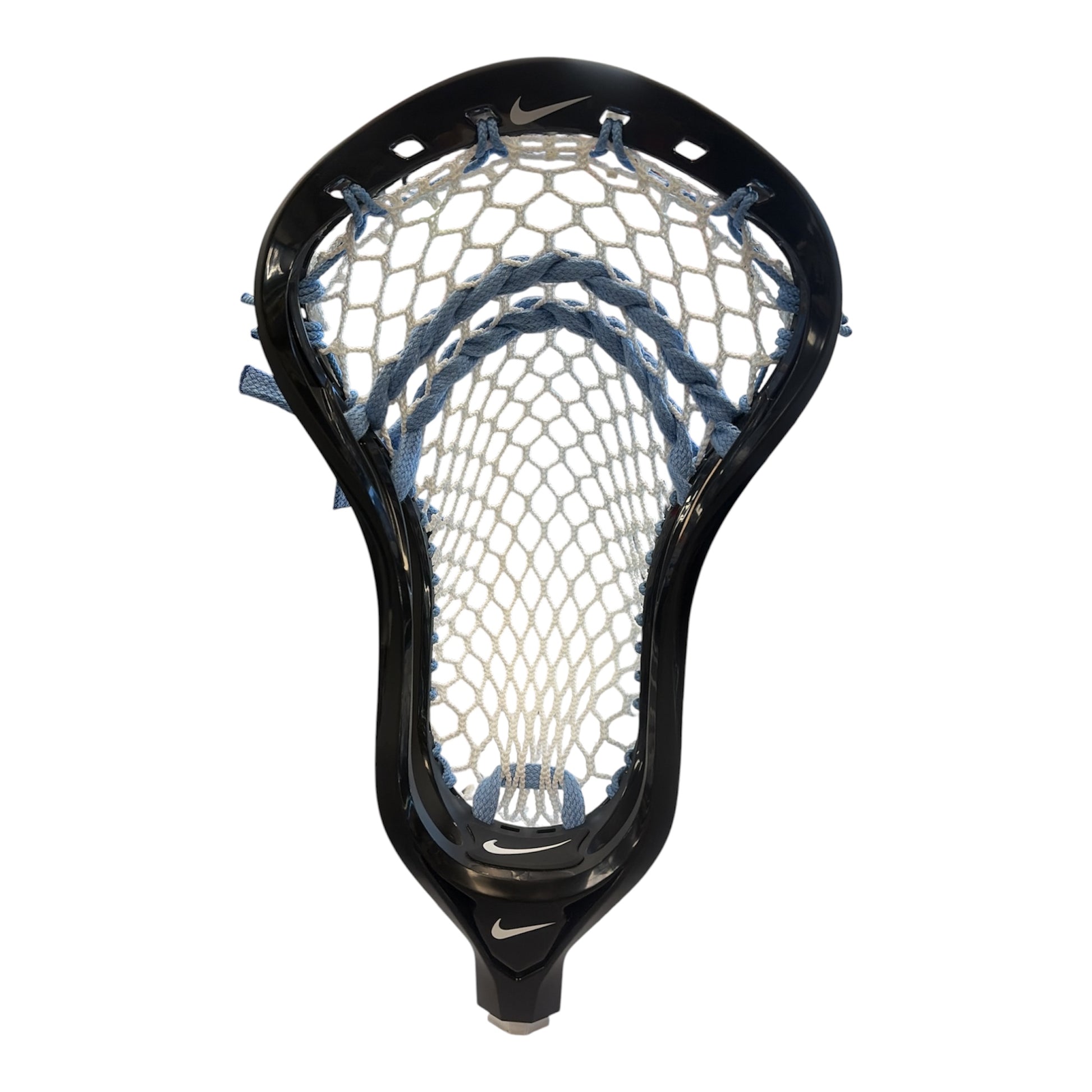 Nike L4 Lacrosse Head – Black – Pre-Strung with ECD Hero 5S Mesh and Light Blue Shooters
