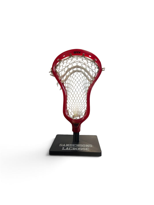 Red STX Stallion Prism lacrosse head custom strung with white ECD Hero 4.0 Semi-Soft mesh