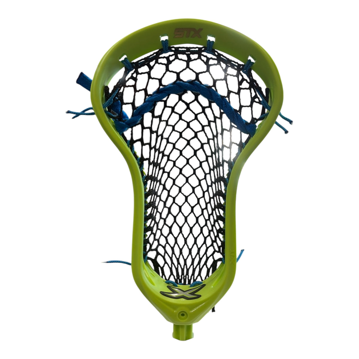 Green STX X-IT Flex faceoff lacrosse head with black StringKing Type 4F mesh and royal blue strings