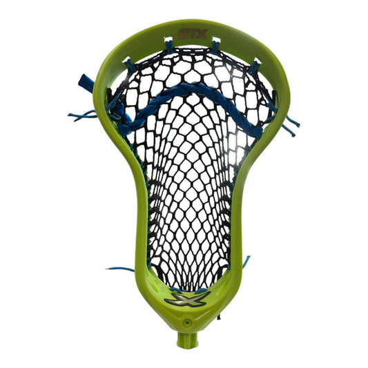Green STX X-IT Flex faceoff lacrosse head with black StringKing Type 4F mesh and royal blue strings