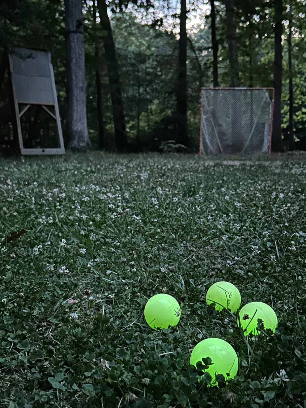 Three Firefly Glow in the Dark Lacrosse Balls from Firefly are on clover-covered grass, with a lacrosse net and wooden practice target set up in a wooded backyard. Includes a black light flashlight.