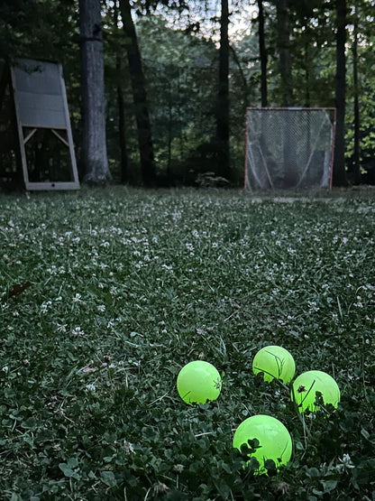 Three Firefly Glow in the Dark Lacrosse Balls from Firefly are on clover-covered grass, with a lacrosse net and wooden practice target set up in a wooded backyard. Includes a black light flashlight.