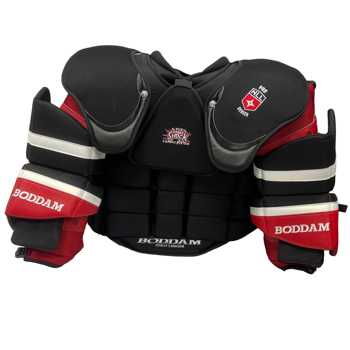 The Boddam Lacrosse Goalie Uppers - Chest & Arm Pads feature red, black, and white design with Boddam branding, offering custom protection for shoulders, arms, and torso—ideal for both hockey and lacrosse goalies.