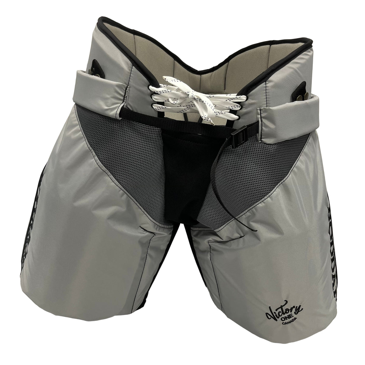 Boddam Lacrosse Goalie Pants by Boddam feature silver and black padding, lace-up front, adjustable straps, mesh panels, and a Victory logo—perfect for goalies seeking custom-fit protective pants.
