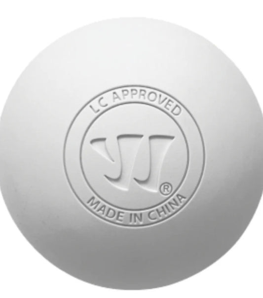 A durable white Sanderson Lacrosse Warrior Lacrosse Ball, embossed with "LC APPROVED" and "MADE IN CHINA" around a stylized W logo—perfect for training and games.