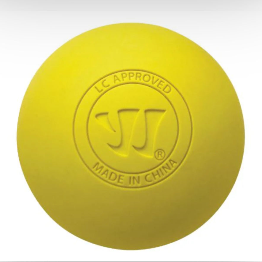 The Sanderson Lacrosse Warrior Lacrosse Ball is bright yellow with "LC APPROVED" and "MADE IN CHINA" embossed around a central logo—ideal for durable lacrosse training.