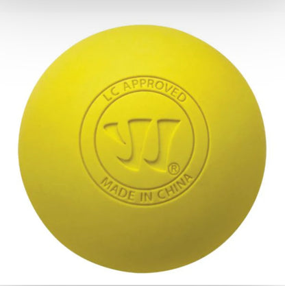 The Sanderson Lacrosse Warrior Lacrosse Ball is bright yellow with "LC APPROVED" and "MADE IN CHINA" embossed around a central logo—ideal for durable lacrosse training.