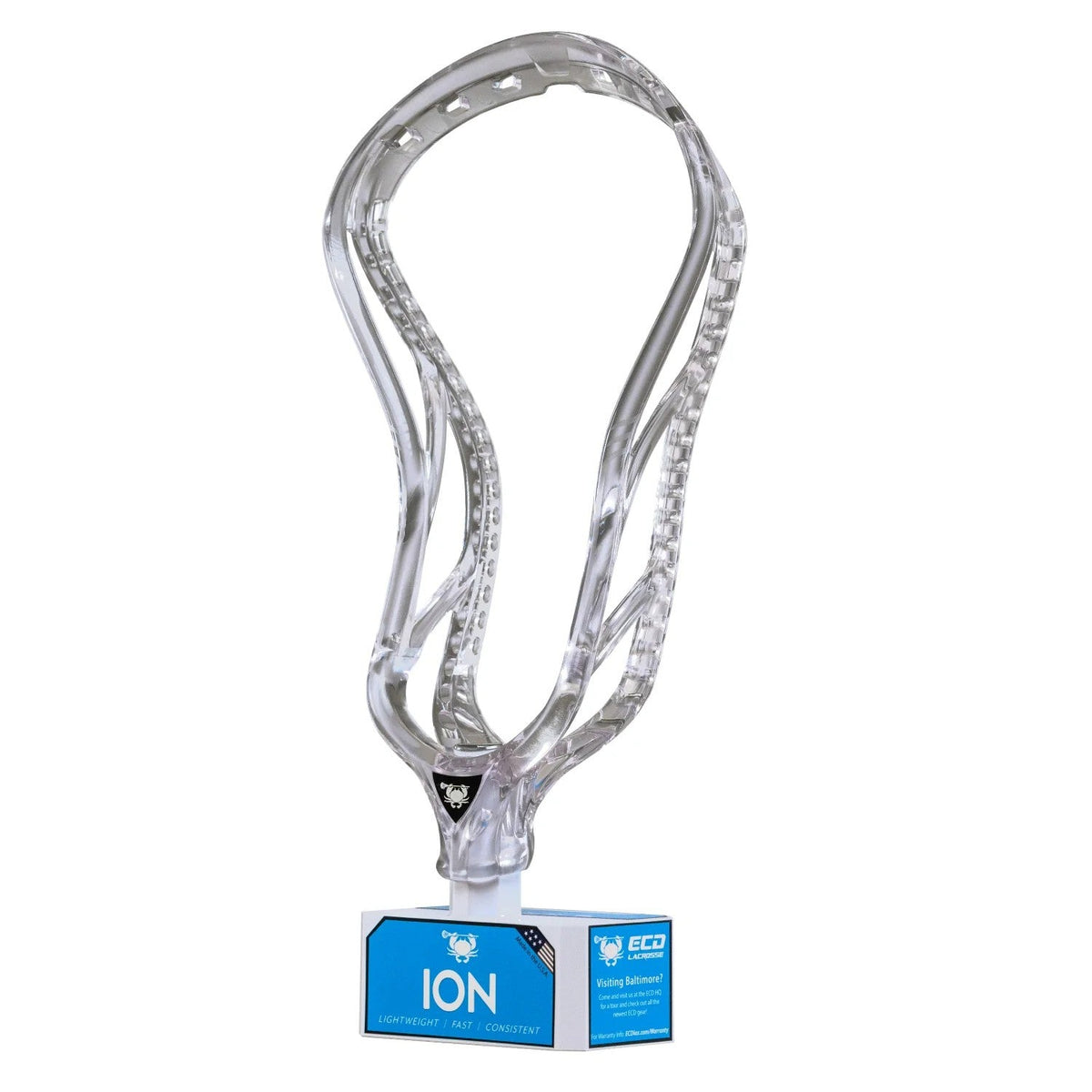 An ECD ION Lacrosse Head by ECD stands upright with a blue and white tag at the throat, featuring a bull logo and highlighting its quick release and lightweight design for consistent, high-performance play.