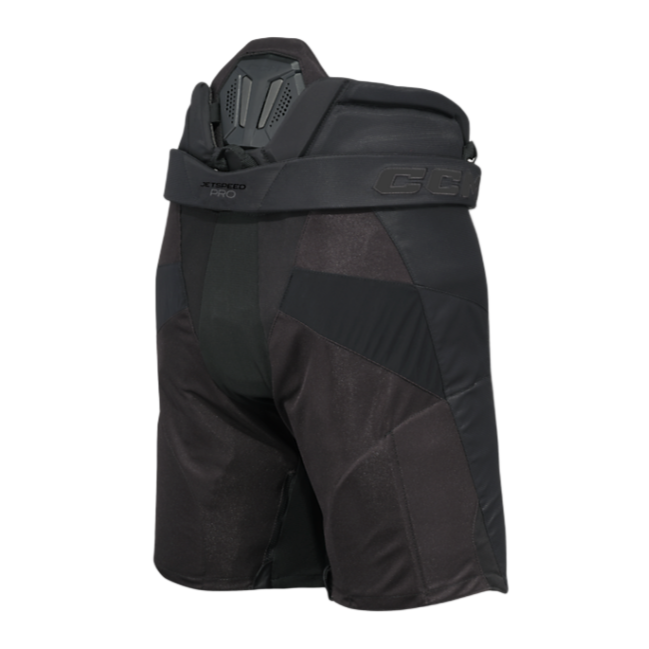 Black protective shorts with a brand logo on a white background