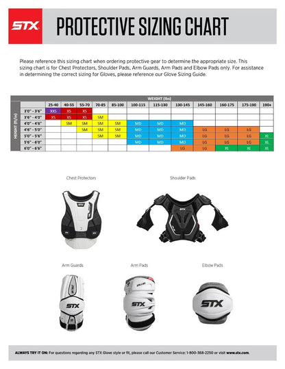 STX sizing chart for chest protectors, arm guards, elbow pads, and the STX Stallion 1K Lacrosse Shoulder Pad displays recommended sizes by height and weight, with images to help prevent impact-related heart injuries.