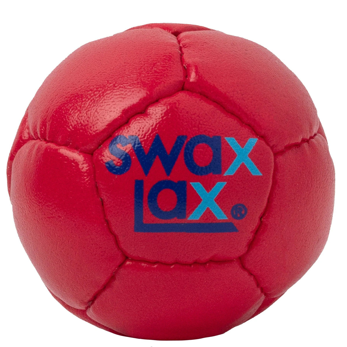 The Swaxlax Lacrosse Training Ball is a soft, red stitched ball featuring a blue Swaxlax logo—ideal for indoor practice or anyone needing softer lacrosse balls.