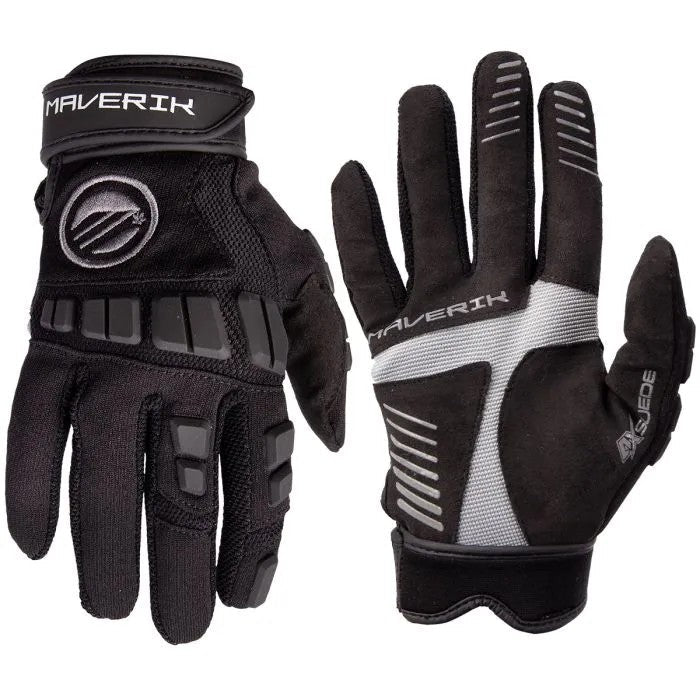 A pair of black Maverik Windy City Women’s Lacrosse Gloves from Maverik, shown palm-up and palm-down, featuring padded knuckles, textured grip palms, Velcro wrist straps, and white and gray palm accents.