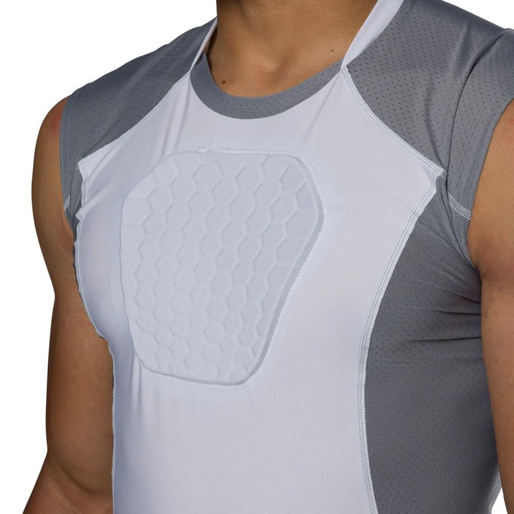 Someone wearing a McDavid HEX® Sternum Shirt by McDavid, a sleeveless white and gray compression shirt with hexagon-patterned chest padding for athletic and superior sternum protection in lacrosse.