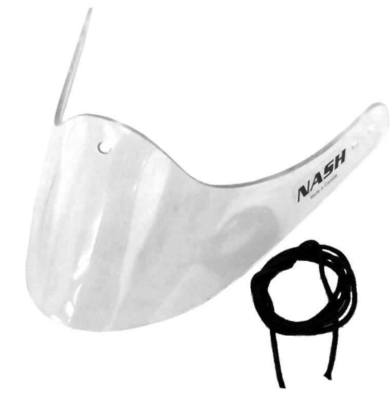 The Nash Lexan Goalie Throat Guard V-Style, featuring a clear shield and black elastic cord, is shown against a white background—an essential addition to any lacrosse goalie’s gear setup.