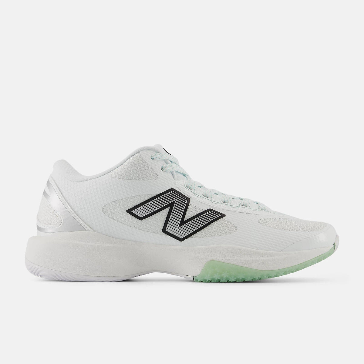 The New Balance FreezeLX v5 Box Shoes are white mesh lacrosse sneakers with a large black N logo, silver heel accent, and light green translucent sole—engineered by New Balance for lightweight feel and excellent traction on the field.