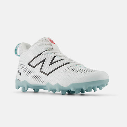 White sports shoe with cleats on a light gray background
