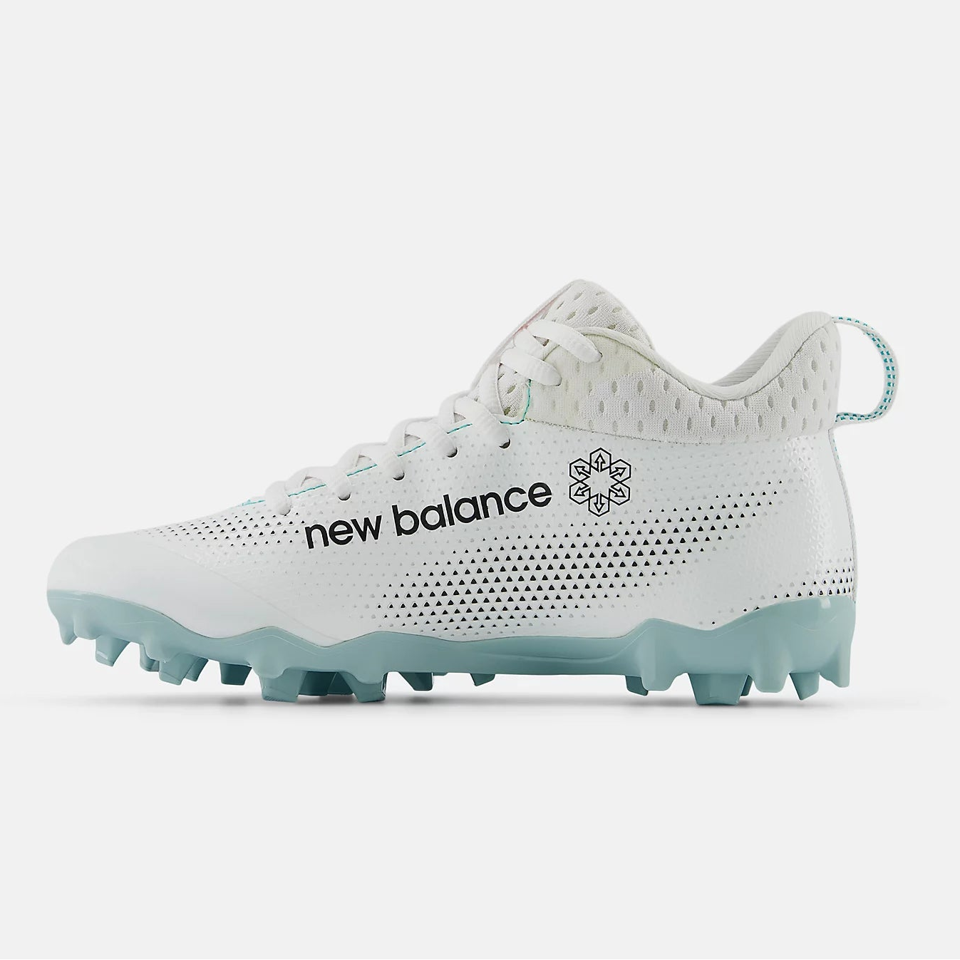 White New Balance cleat with blue accents on a white background