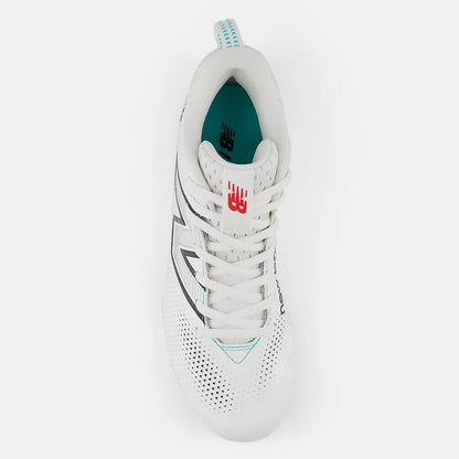 White sneaker with a red logo on a white background