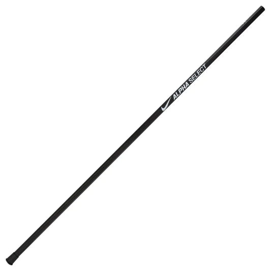 The Nike Alpha Select 60” Alloy Shaft (Long Pole) is a durable black lacrosse defense shaft with "ALPHA SELECT" and the Nike logo in white near the top, shown against a white background.