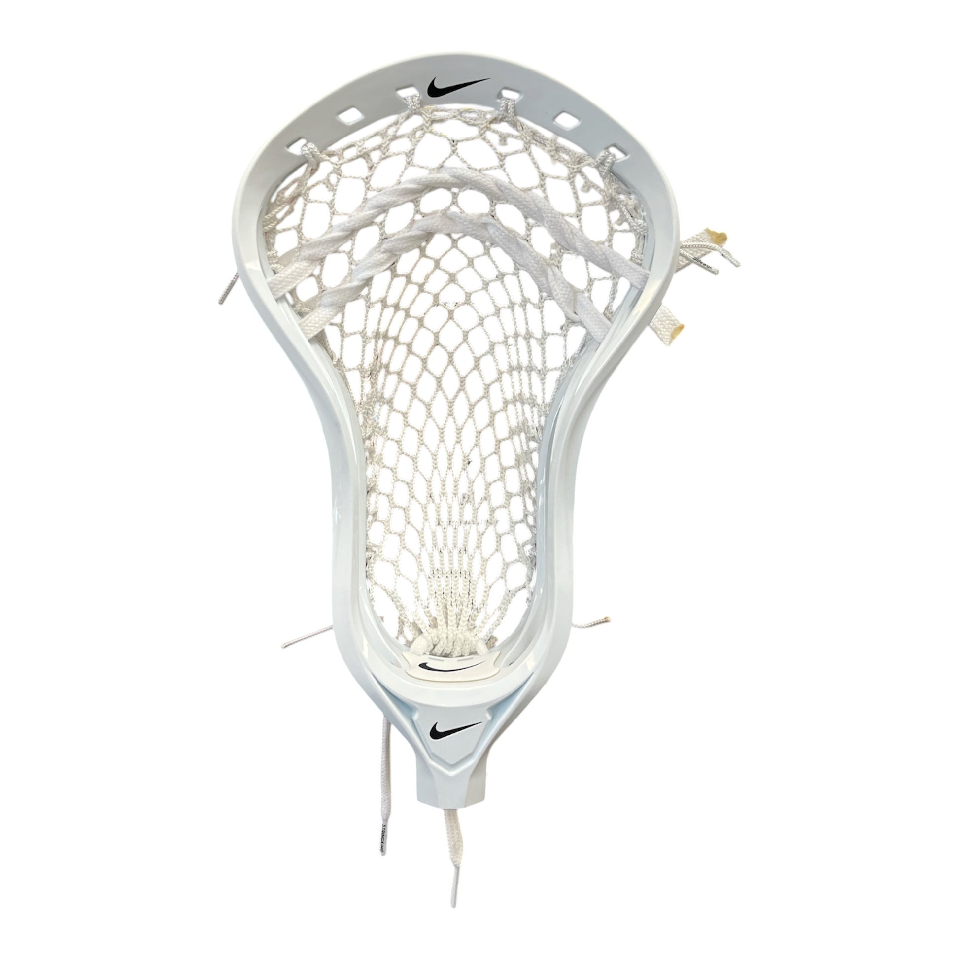 Nike L4 (Lakota 4) Men's Lacrosse Head — Pre-Strung with StringKing Type 4s Semi-Soft Mesh (White) on white background