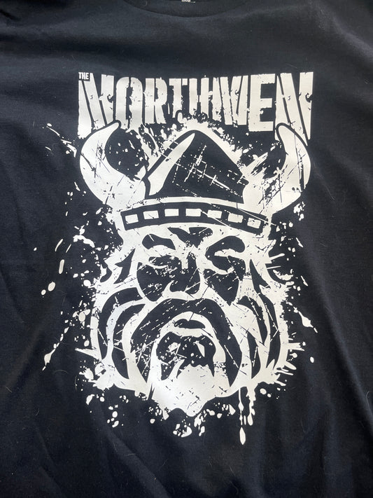 Black t-shirt with white graphic design of a helmet and text on a dark background