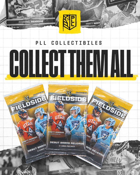 Three packs of the 2025 Fieldside PLL Collector Cards – Single Pack by PLL are displayed before a black-and-white player collage, with bold "Collect Them All" above. A must-have collectible for Sanderson Lacrosse fans.