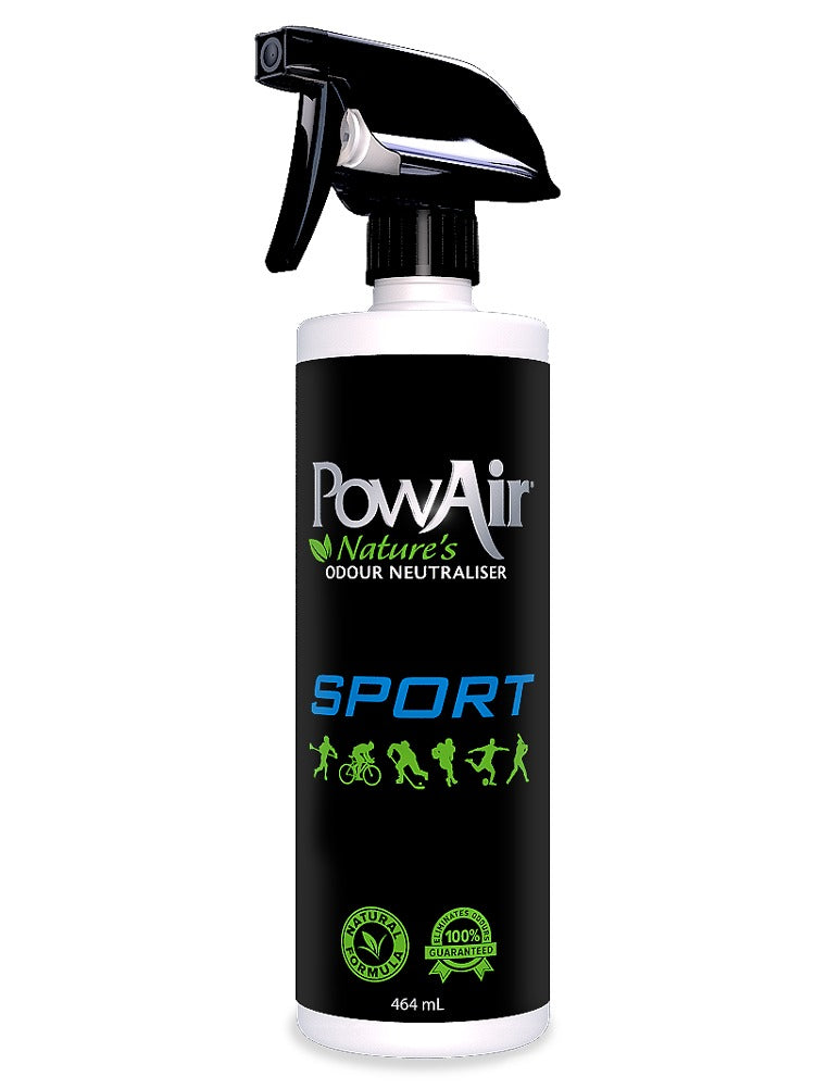 A black 464 mL spray bottle labeled Pow-Air Odor Sports Spray by Pow-Air, featuring icons of sports activities and green eco-friendly, 100% natural symbols below the text.