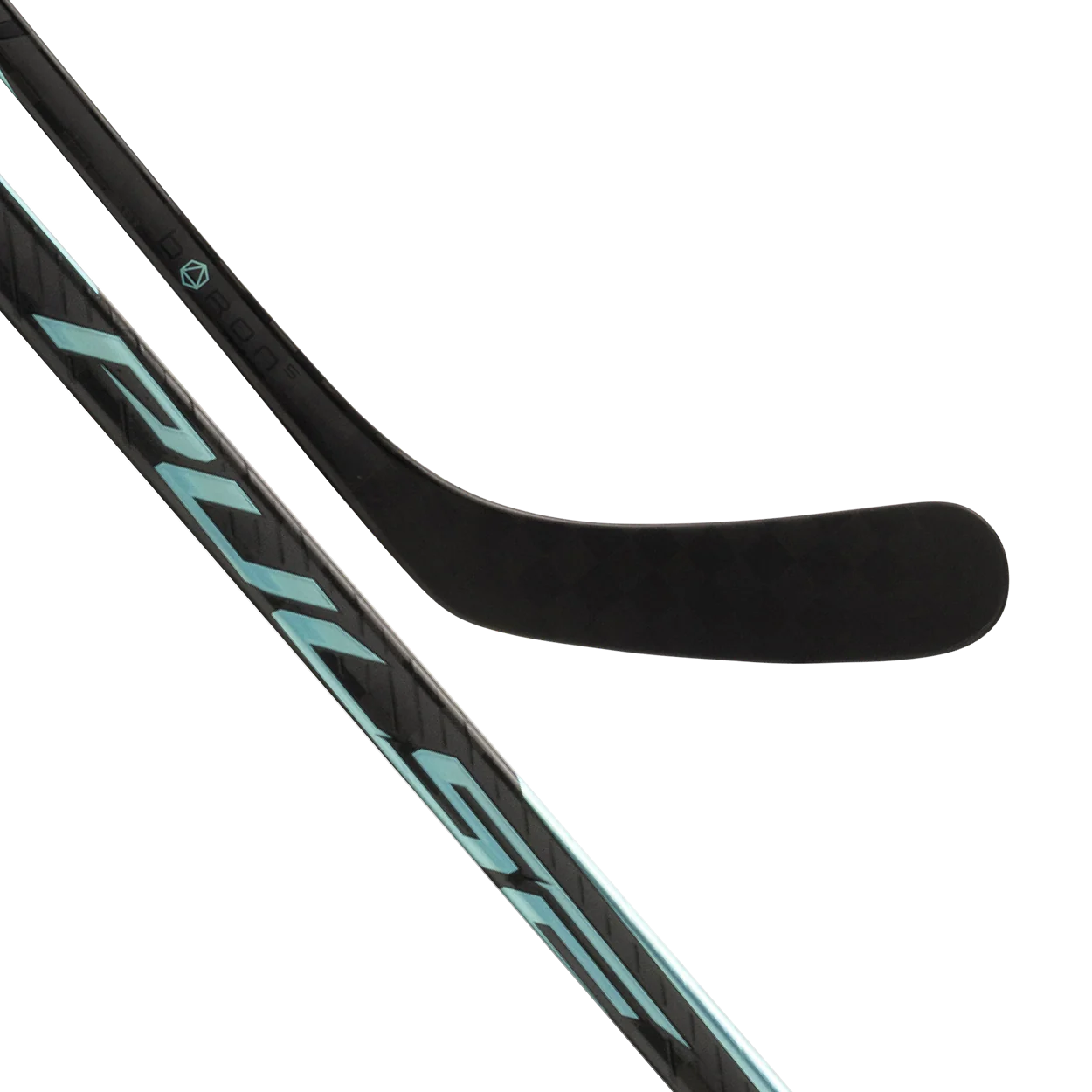 A close-up of the Bauer Pulse Hockey Stick by Bauer, featuring a black carbon fiber design with light blue accents on the blade and shaft, set against a plain white background.