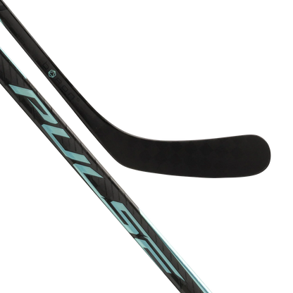 A close-up of the Bauer Pulse Hockey Stick by Bauer, featuring a black carbon fiber design with light blue accents on the blade and shaft, set against a plain white background.