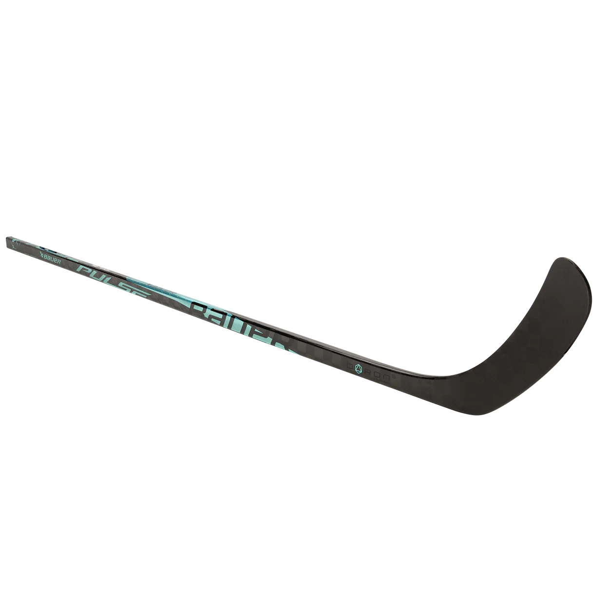 The Bauer Pulse Hockey Stick by Bauer, shown on a white background, features turquoise and light blue accents, TeXtreme carbon fiber construction, mid-kick flex profile, curved blade, and a sleek composite design.