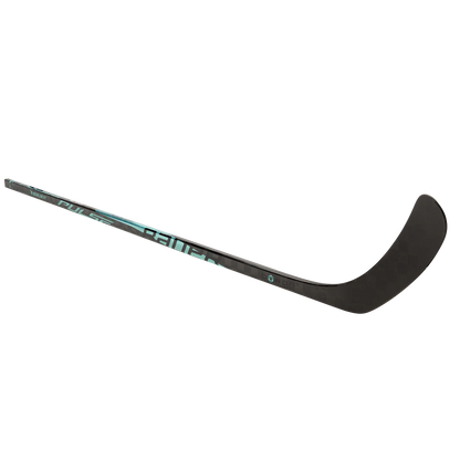 The Bauer Pulse Hockey Stick by Bauer, shown on a white background, features turquoise and light blue accents, TeXtreme carbon fiber construction, mid-kick flex profile, curved blade, and a sleek composite design.
