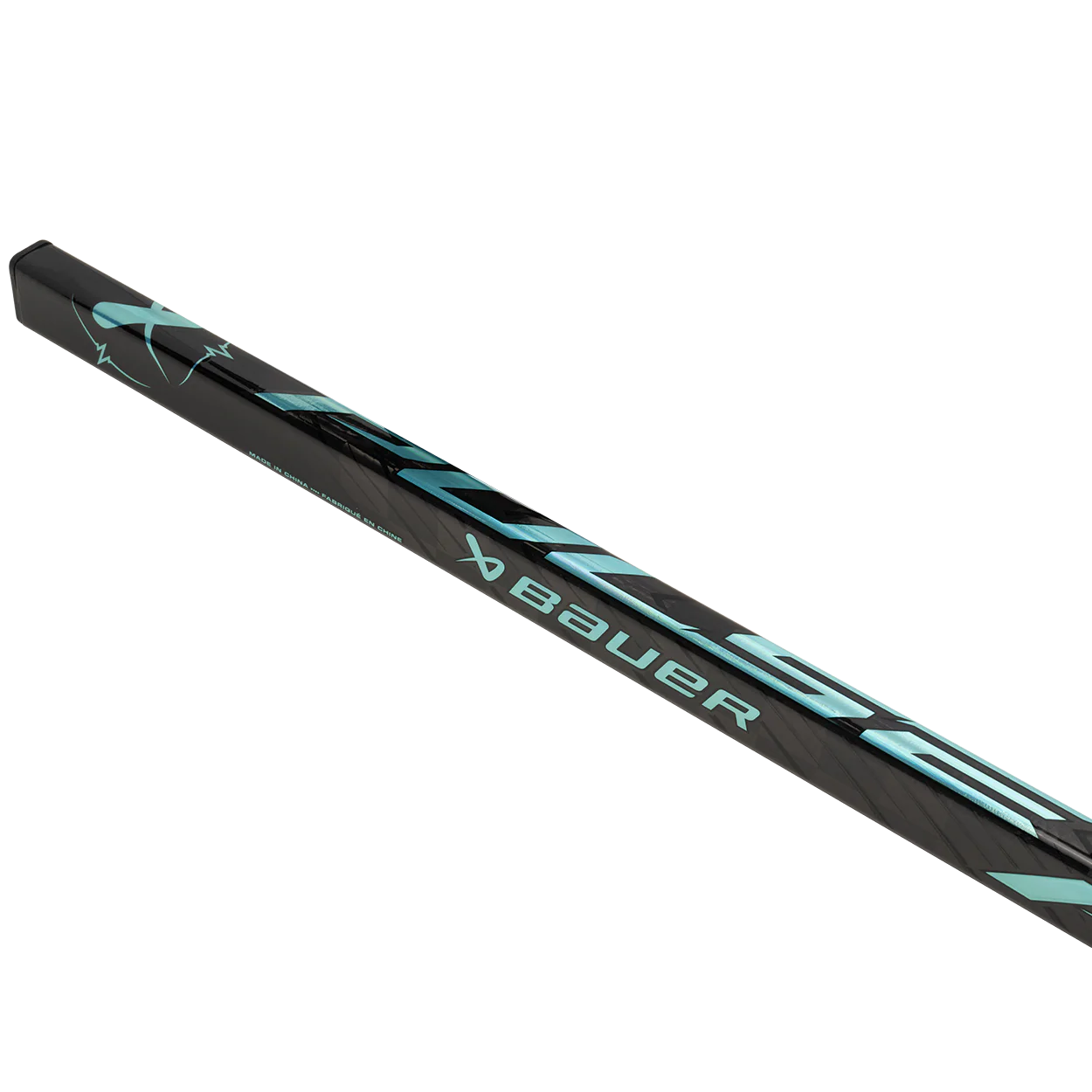 Close-up of the Bauer Pulse Hockey Stick by Bauer, highlighting its TeXtreme carbon fiber construction and light blue graphics on a plain white background.