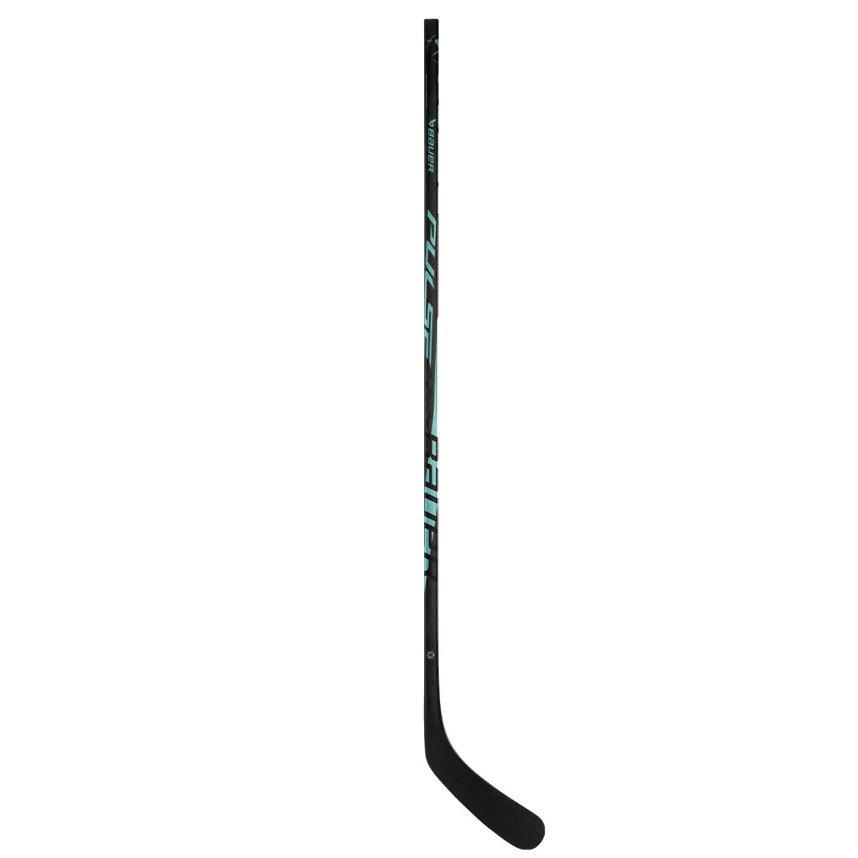 A black Bauer Pulse Hockey Stick by Bauer, made with TeXtreme carbon fiber and teal and white accents, is displayed vertically against a plain white background.