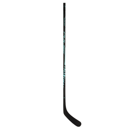 A black Bauer Pulse Hockey Stick by Bauer, made with TeXtreme carbon fiber and teal and white accents, is displayed vertically against a plain white background.