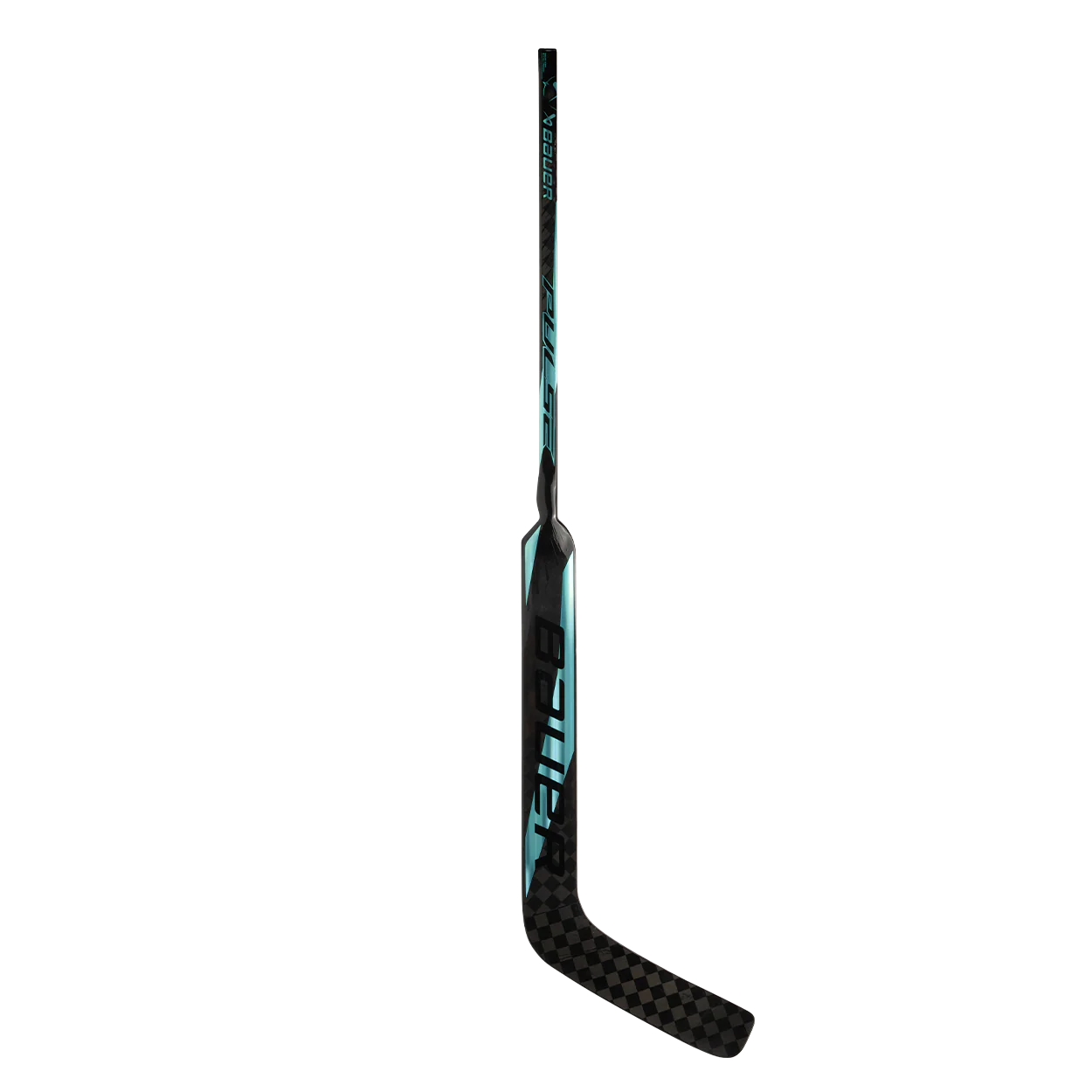 The Bauer Pulse Goalie Hockey Stick by Bauer, featuring black and teal colors with a textured blade and TeXtreme carbon fiber shaft, stands upright against a plain white background.