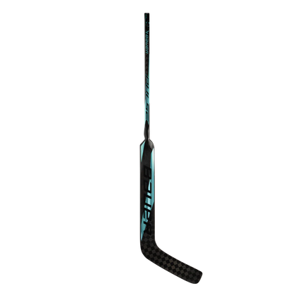 The Bauer Pulse Goalie Hockey Stick by Bauer, featuring black and teal colors with a textured blade and TeXtreme carbon fiber shaft, stands upright against a plain white background.