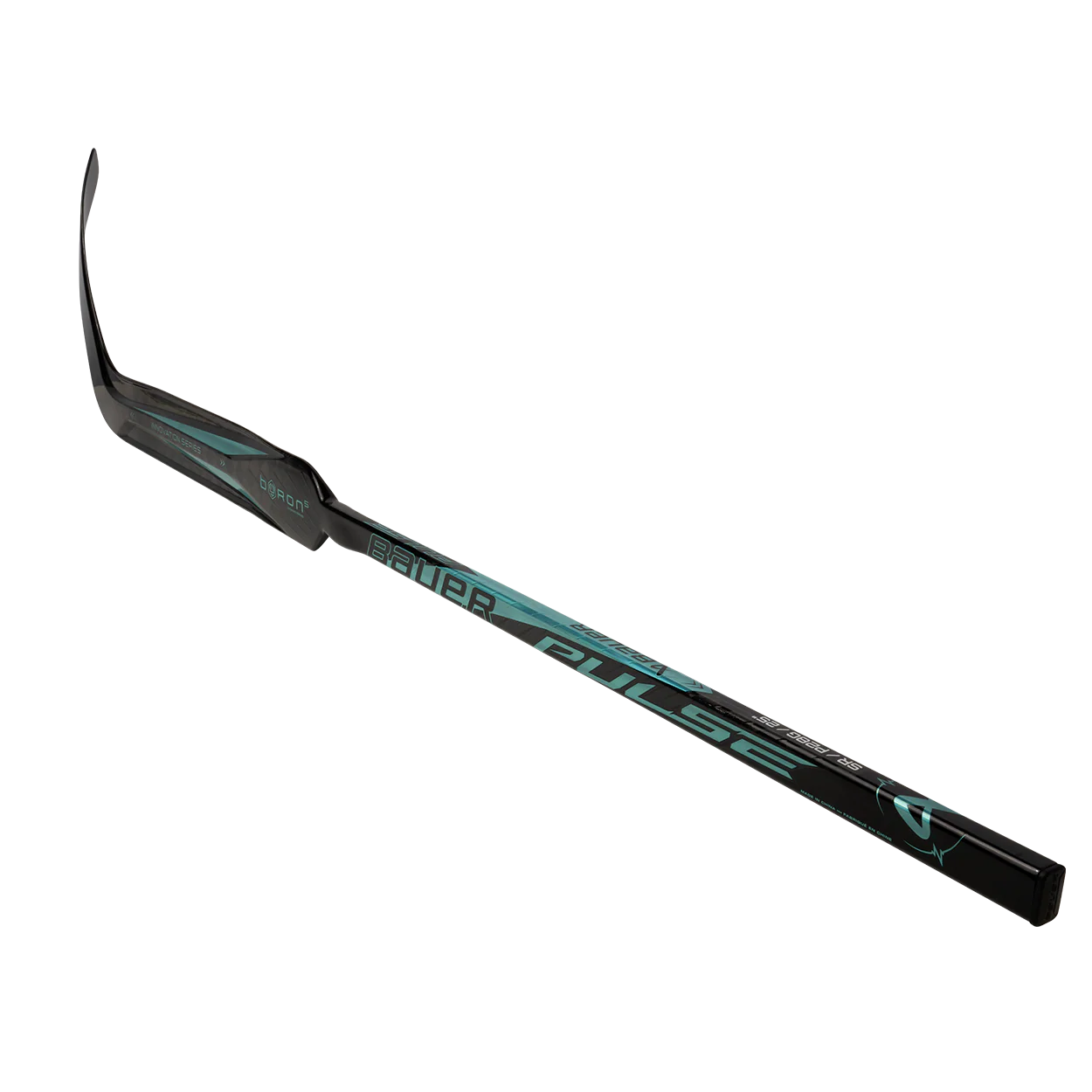 The Bauer Pulse Goalie Hockey Stick by Bauer, shown in black and teal with a curved blade and TeXtreme carbon fiber construction for improved rebound control, is displayed against a white background.