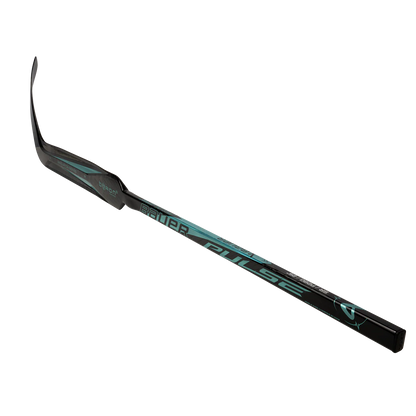 The Bauer Pulse Goalie Hockey Stick by Bauer, shown in black and teal with a curved blade and TeXtreme carbon fiber construction for improved rebound control, is displayed against a white background.