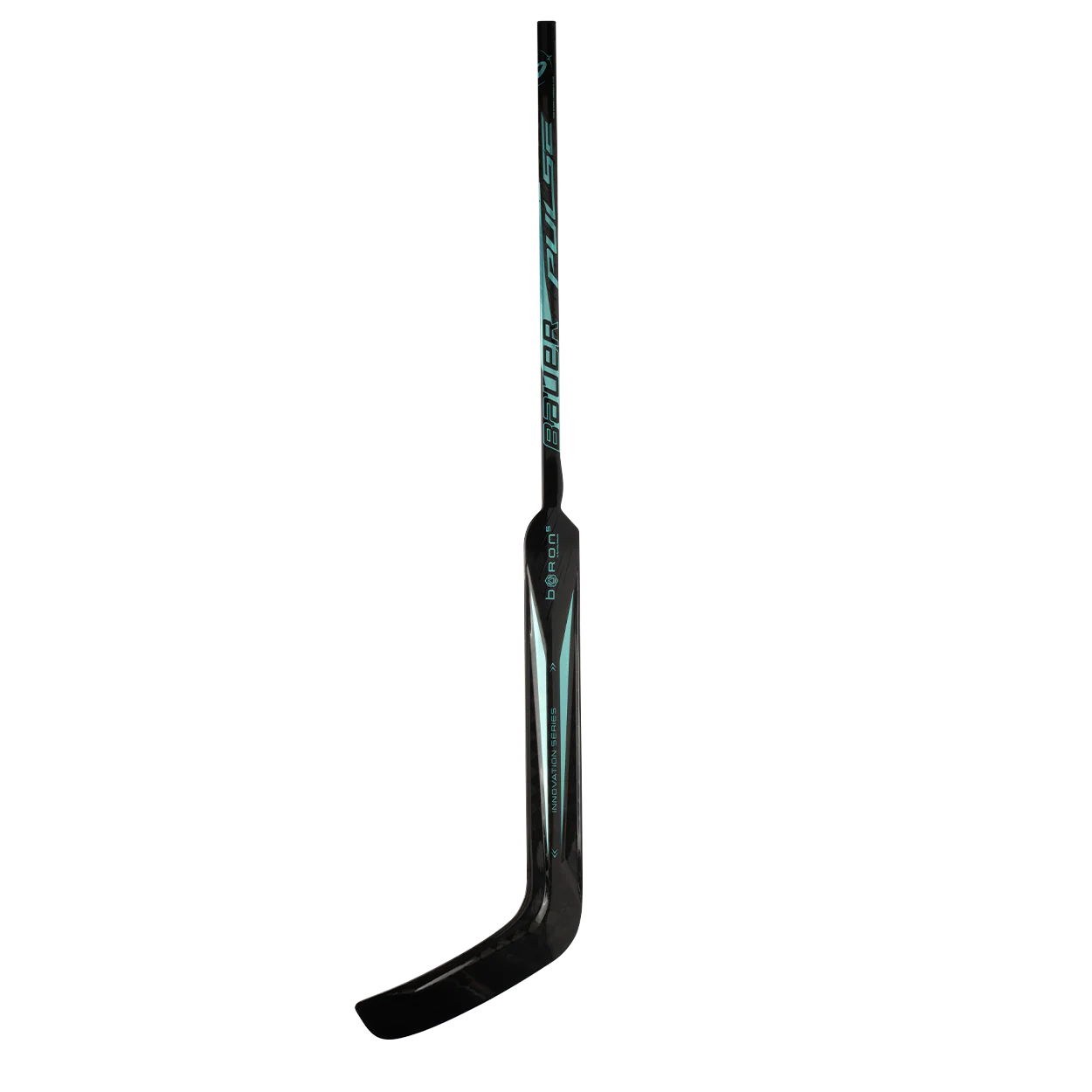 The Bauer Pulse Goalie Hockey Stick, featuring a black and teal design, curved blade, and TeXtreme carbon fiber construction, stands upright against a white background with Bauer branding visible on the shaft.