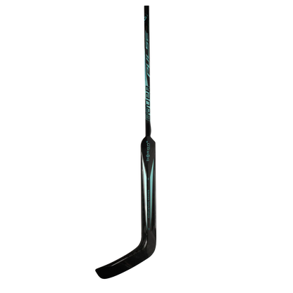The Bauer Pulse Goalie Hockey Stick, featuring a black and teal design, curved blade, and TeXtreme carbon fiber construction, stands upright against a white background with Bauer branding visible on the shaft.