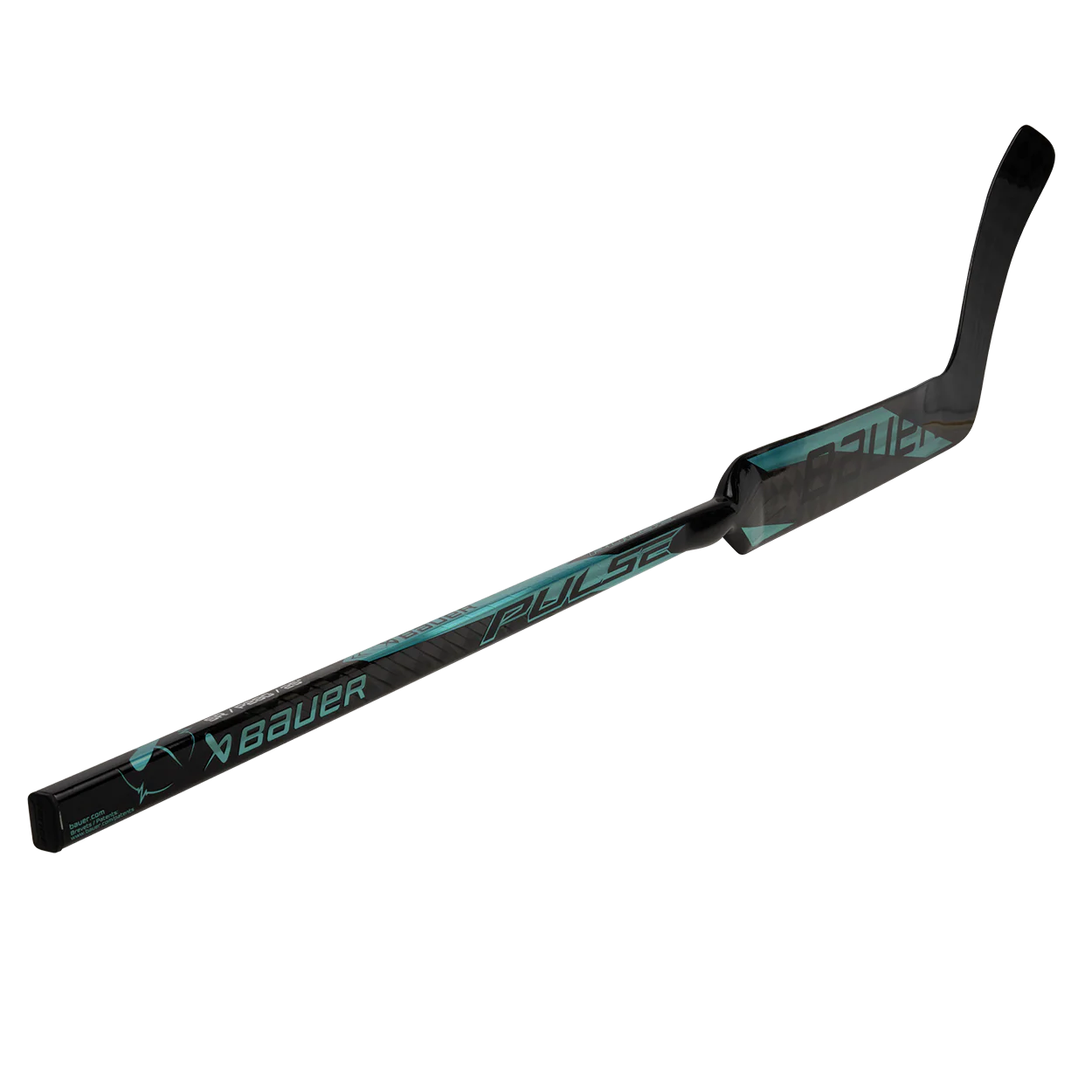 The Bauer Pulse Goalie Hockey Stick by Bauer, in black and teal with a curved blade and TeXtreme carbon fiber for enhanced performance, is shown on a white background.