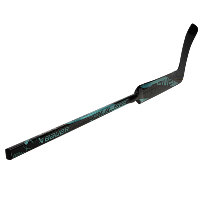 The Bauer Pulse Goalie Hockey Stick by Bauer, in black and teal with a curved blade and TeXtreme carbon fiber for enhanced performance, is shown on a white background.